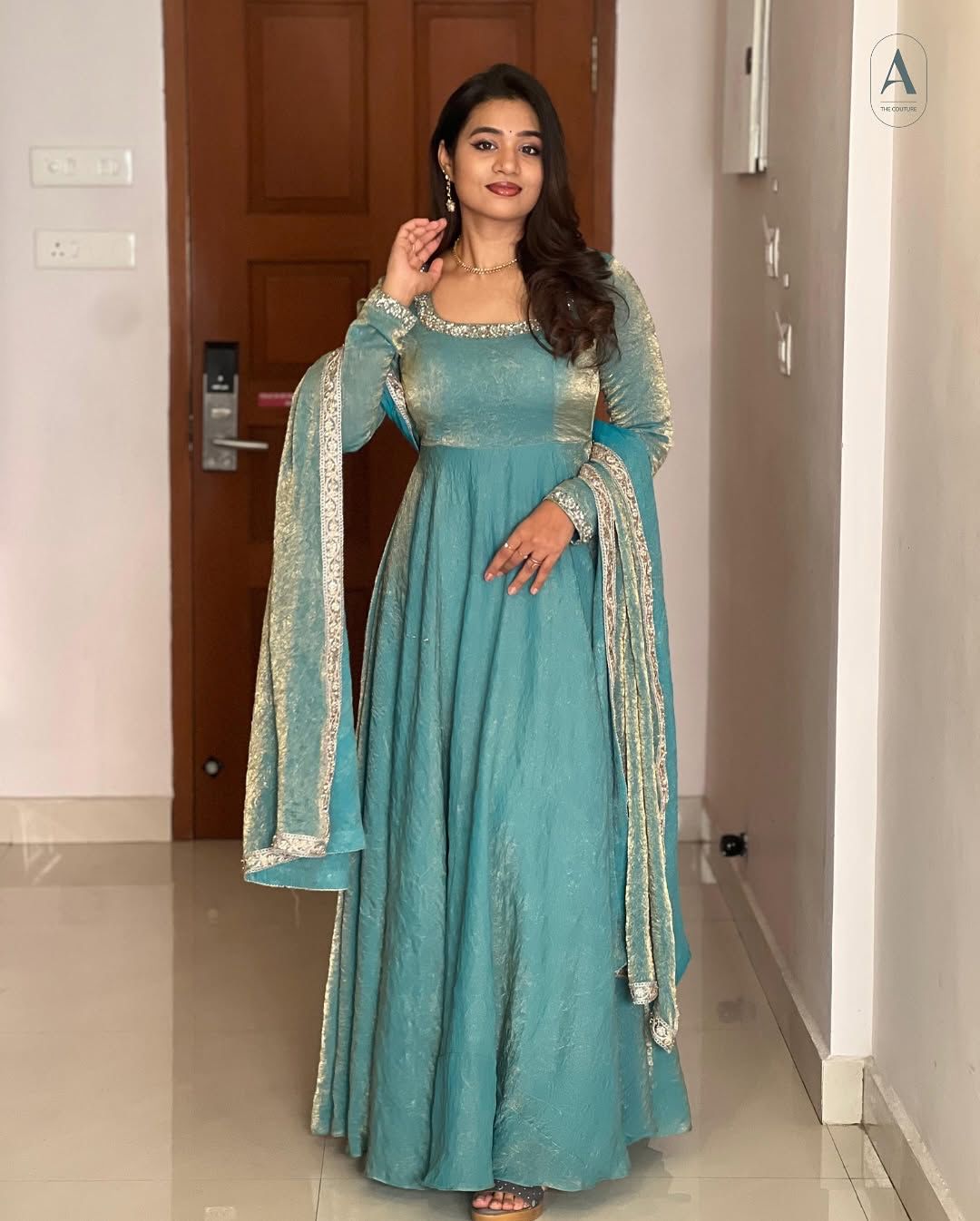 Party wear Sky Blue Fendy Silk Maxi Gown