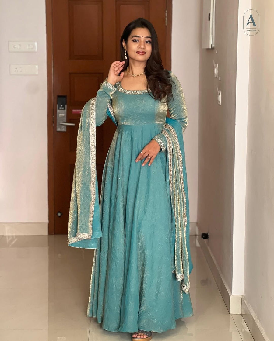 Party wear Sky Blue Fendy Silk Maxi Gown