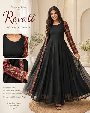Premium Georgette Black Anarkali Dress with Printed Sleeves & Dupatta