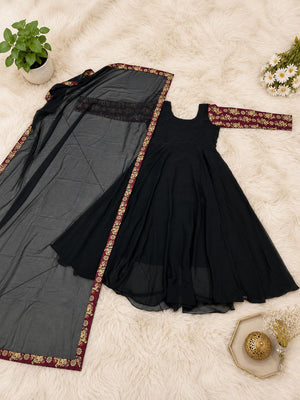 Premium Georgette Black Anarkali Dress with Printed Sleeves & Dupatta