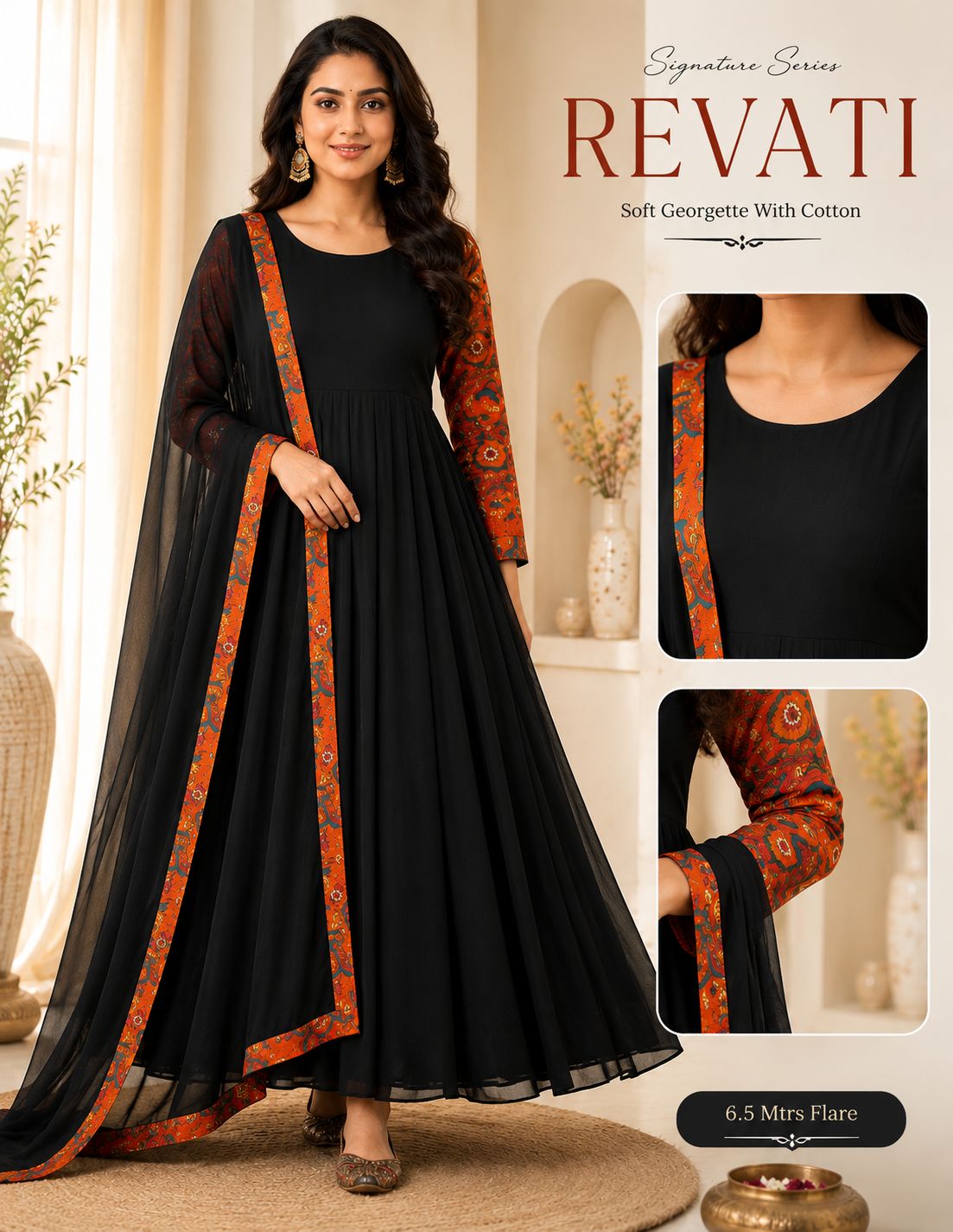 Premium Georgette Black Anarkali Dress with Printed Sleeves & Dupatta