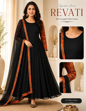 Premium Georgette Black Anarkali Dress with Printed Sleeves & Dupatta