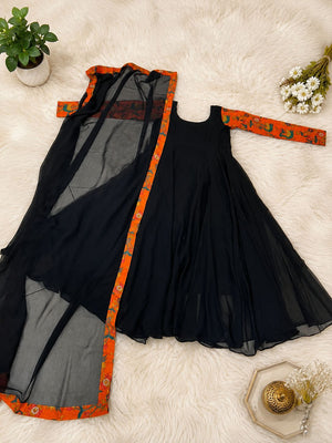 Premium Georgette Black Anarkali Dress with Printed Sleeves & Dupatta