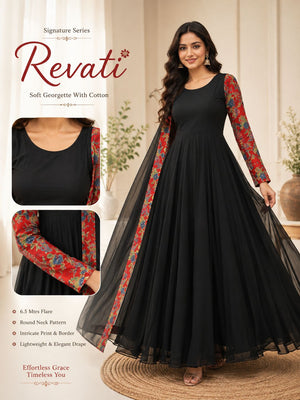 Premium Georgette Black Anarkali Dress with Printed Sleeves & Dupatta