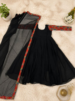 Premium Georgette Black Anarkali Dress with Printed Sleeves & Dupatta