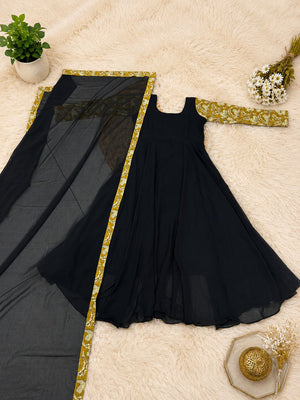 Premium Georgette Black Anarkali Dress with Printed Sleeves & Dupatta
