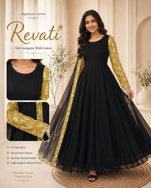 Premium Georgette Black Anarkali Dress with Printed Sleeves & Dupatta
