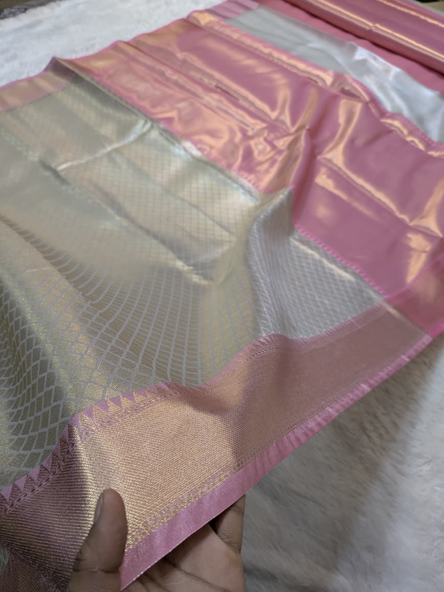 Premium Banarasi Tissue White and Pink Saree