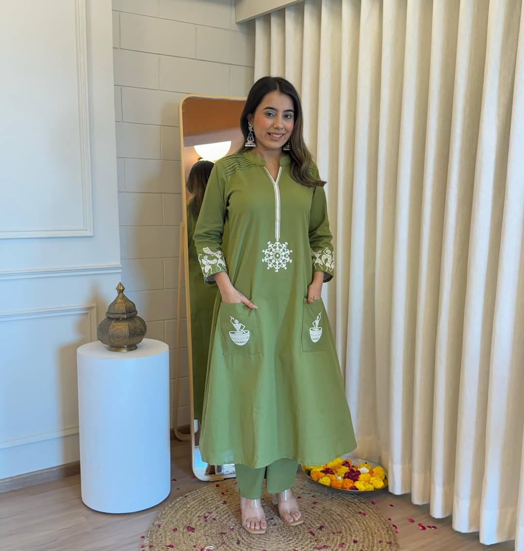 Premium Cotton A-Line Green Kurti with Pant Set