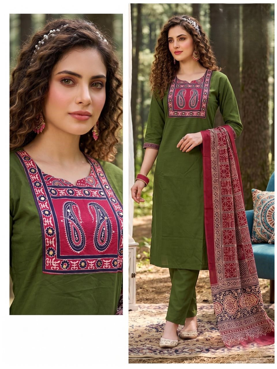 Premium Dabu Cotton Green Kurta Set for Women with Dupatta