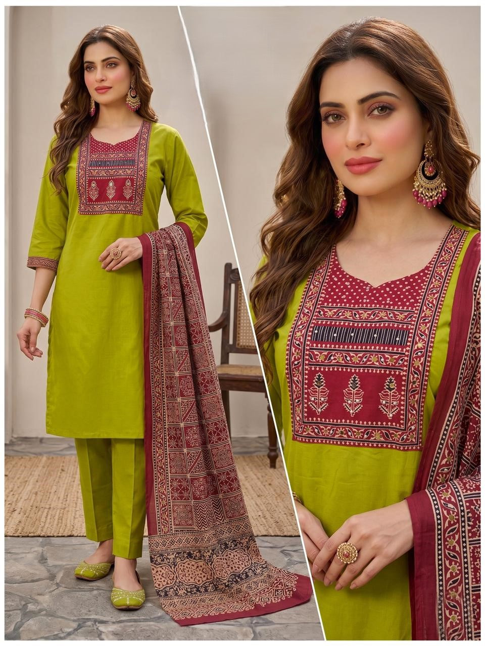 Premium Dabu Cotton Light green Kurta Set for Women with Dupatta