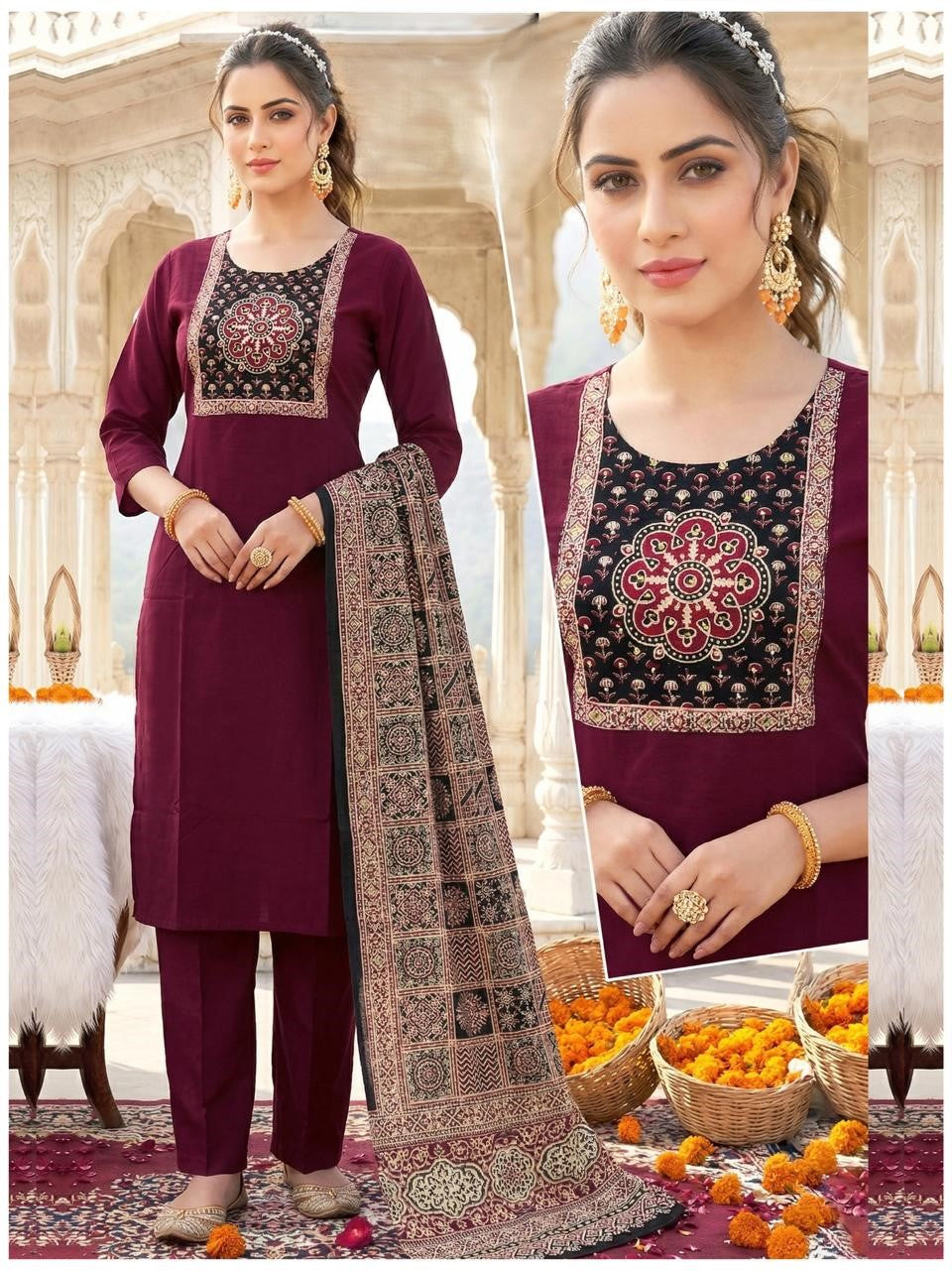 Premium Dabu Cotton Maroon Kurta Set for Women with Dupatta