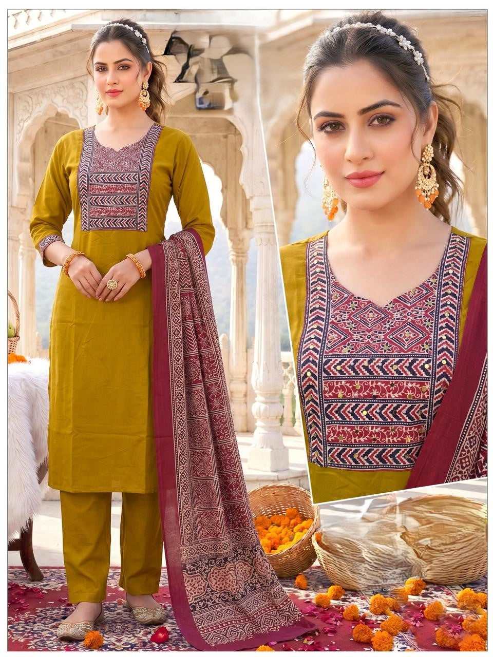 Premium Dabu Cotton Mustard yellow Kurta Set for Women with Dupatta