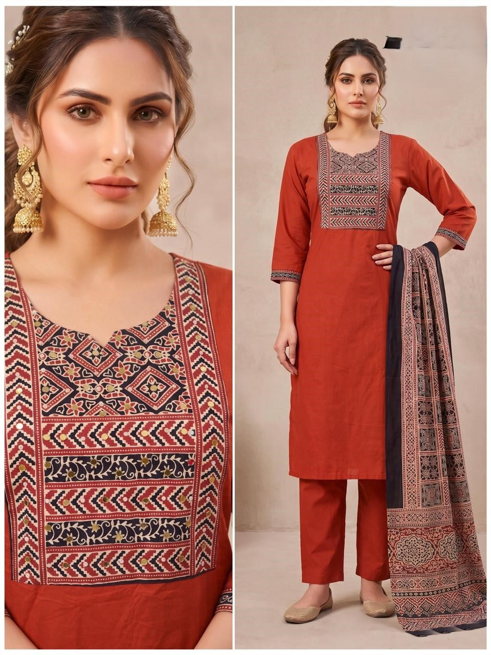 Premium Dabu Cotton Orange Kurta Set for Women with Dupatta
