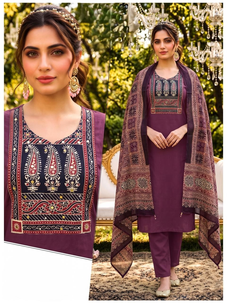 Premium Dabu Cotton Purple Kurta Set for Women with Dupatta