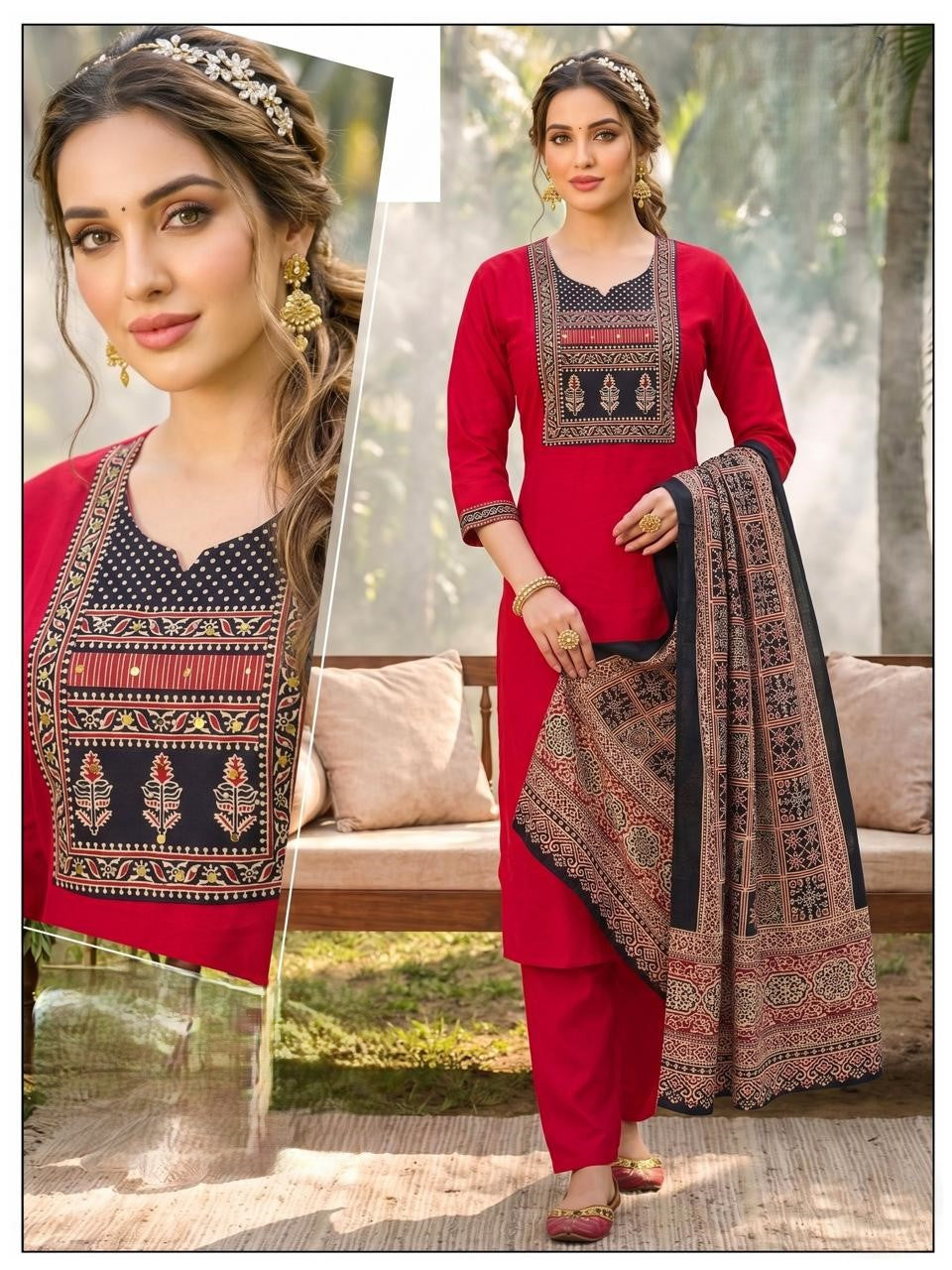 Premium Dabu Cotton Red Kurta Set for Women with Dupatta