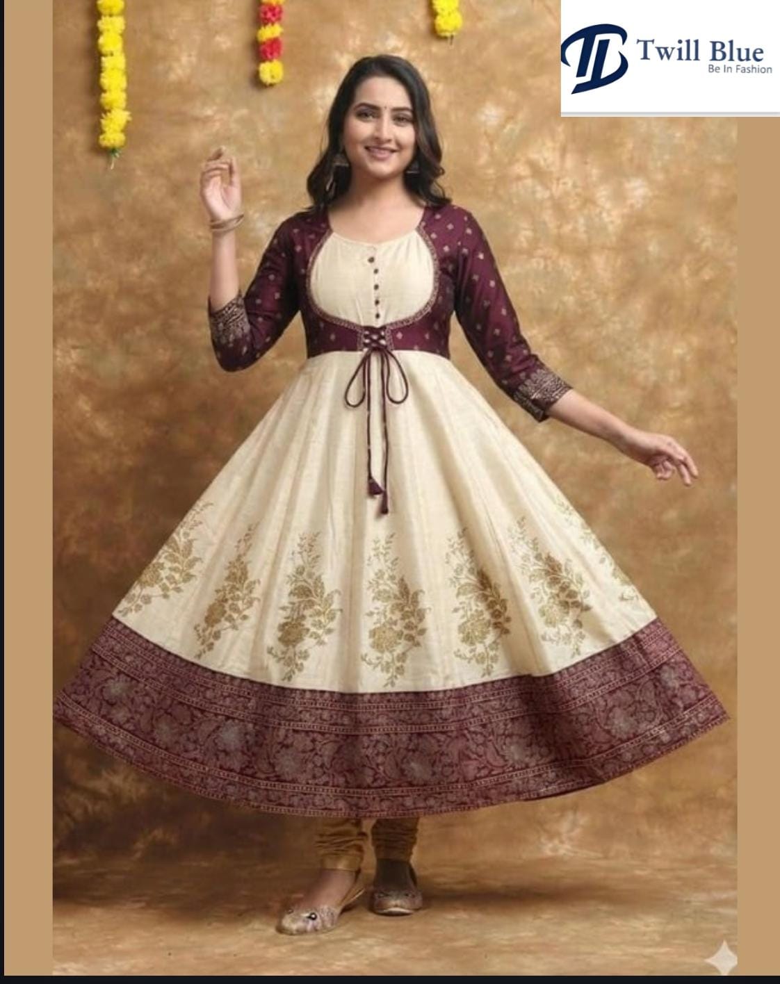 Premium Festive wear Silk Anarkali Beige with Wine kurti