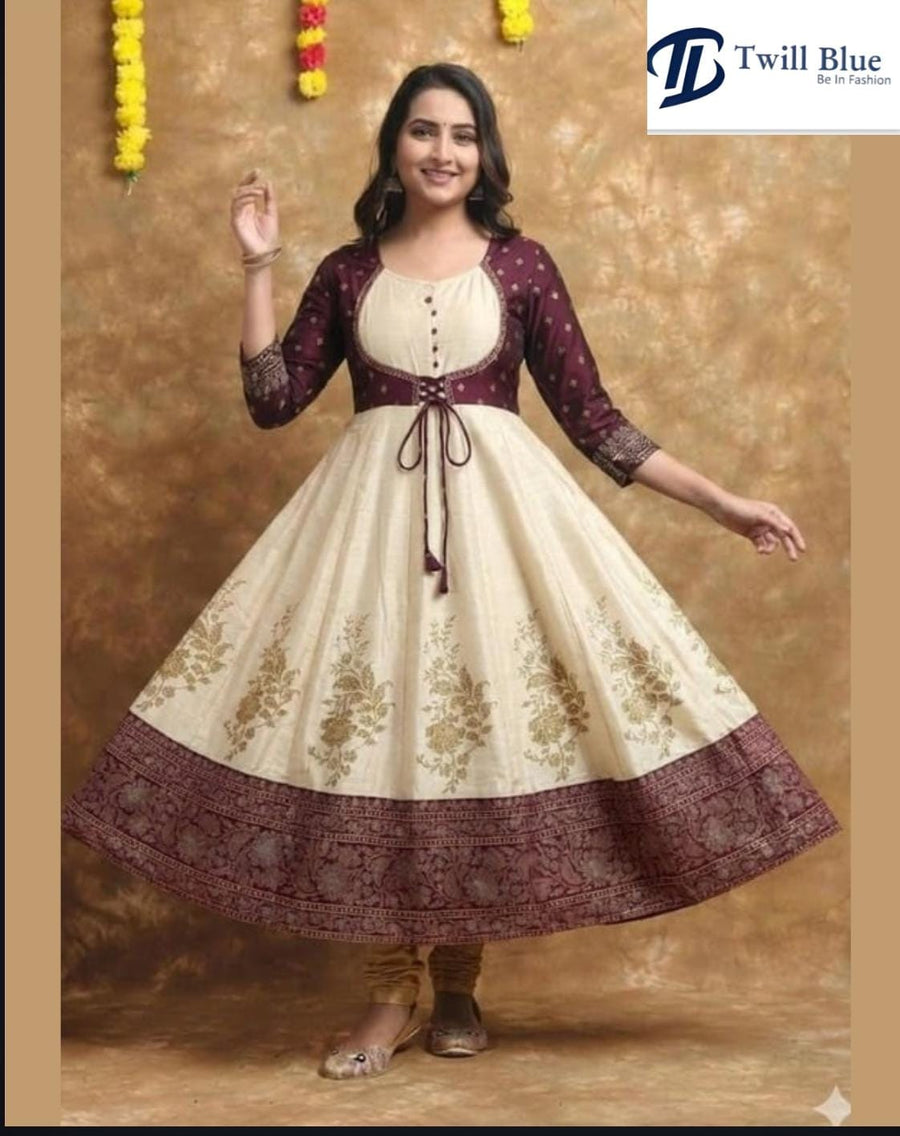Premium Festive wear Silk Anarkali Beige with Wine kurti