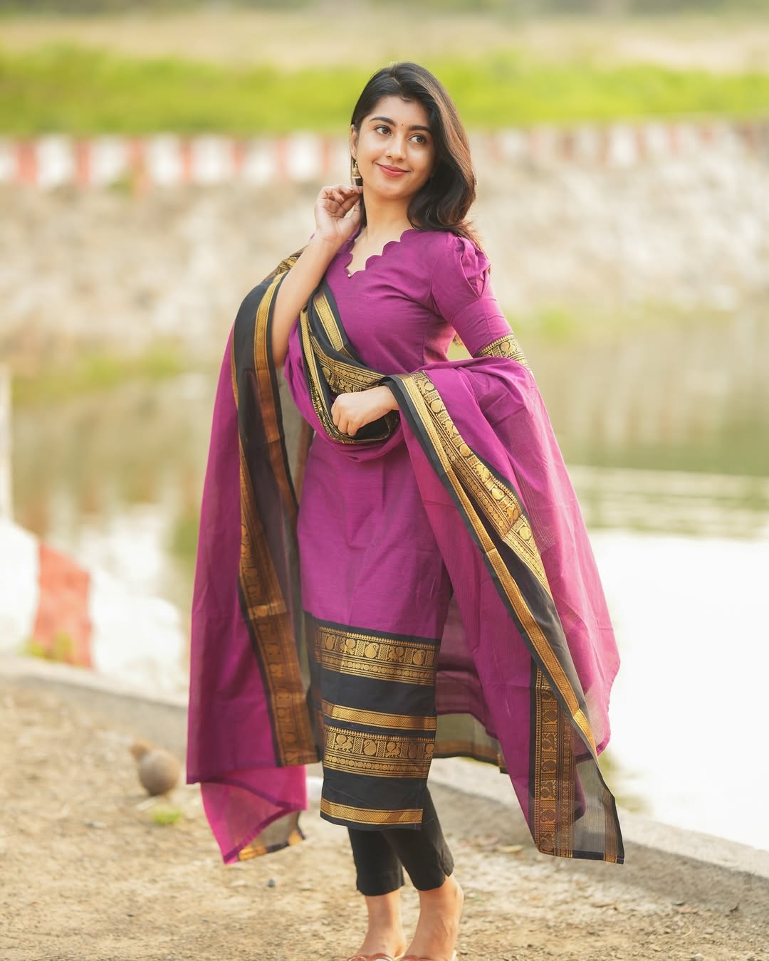 Premium Heavy Kanchi Cotton Dark Purple Kurti with Dupatta