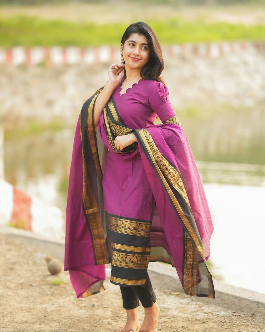 Premium Heavy Kanchi Cotton Dark Purple Kurti with Dupatta for Women