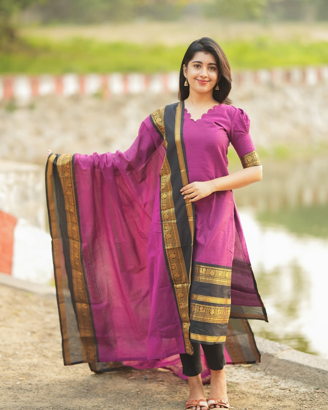 Premium Heavy Kanchi Cotton Dark Purple Kurti with Dupatta for Women