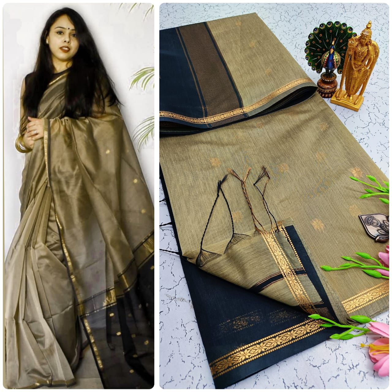 Premium Maheswari Silk cotton gray and Black saree