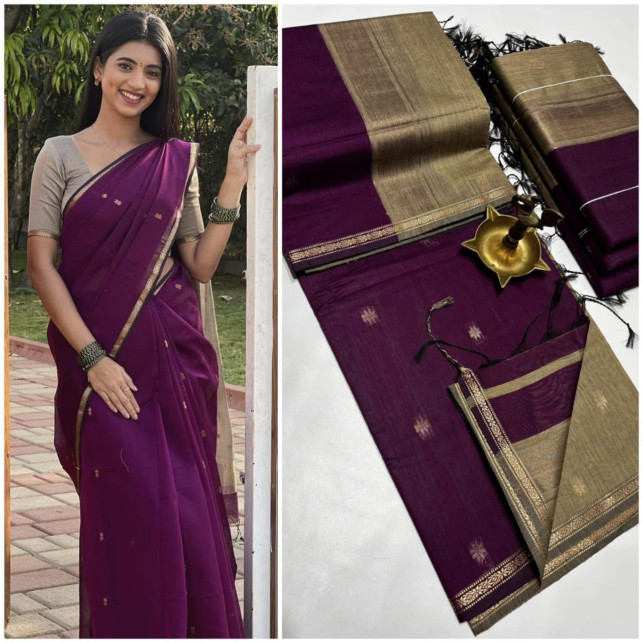 Premium Maheswari silk cotton purple wine and gray color