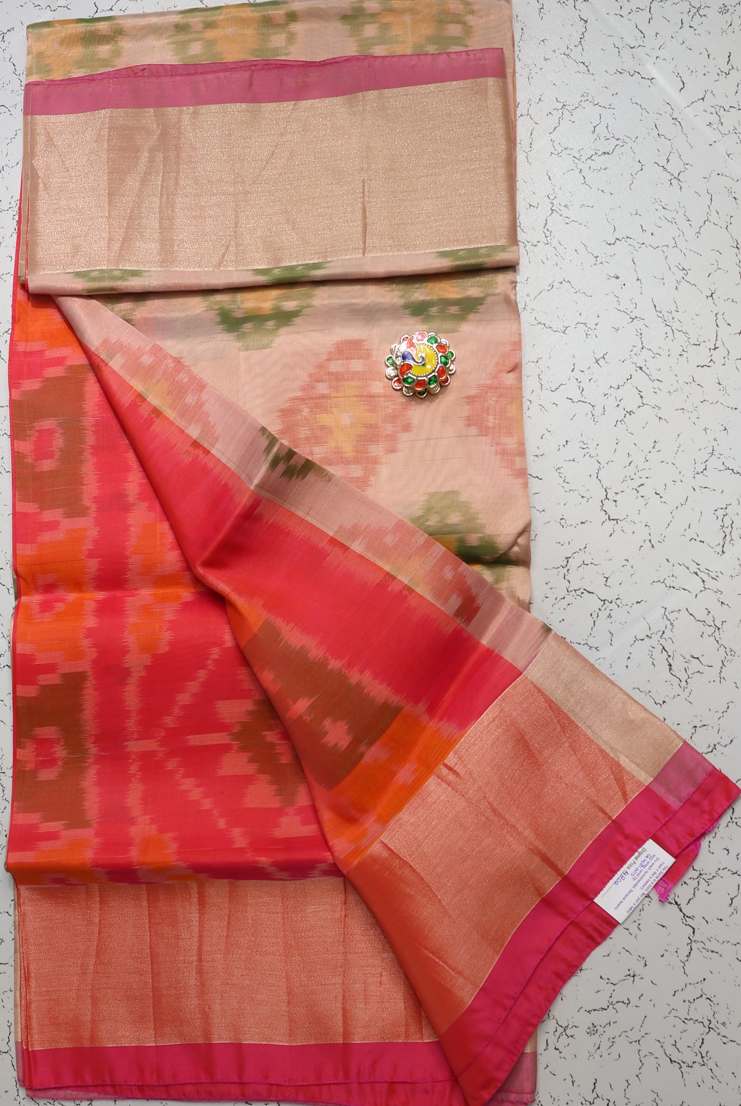 Premium Pastel cream and Rani pink Pochampalli Semi Silk Saree