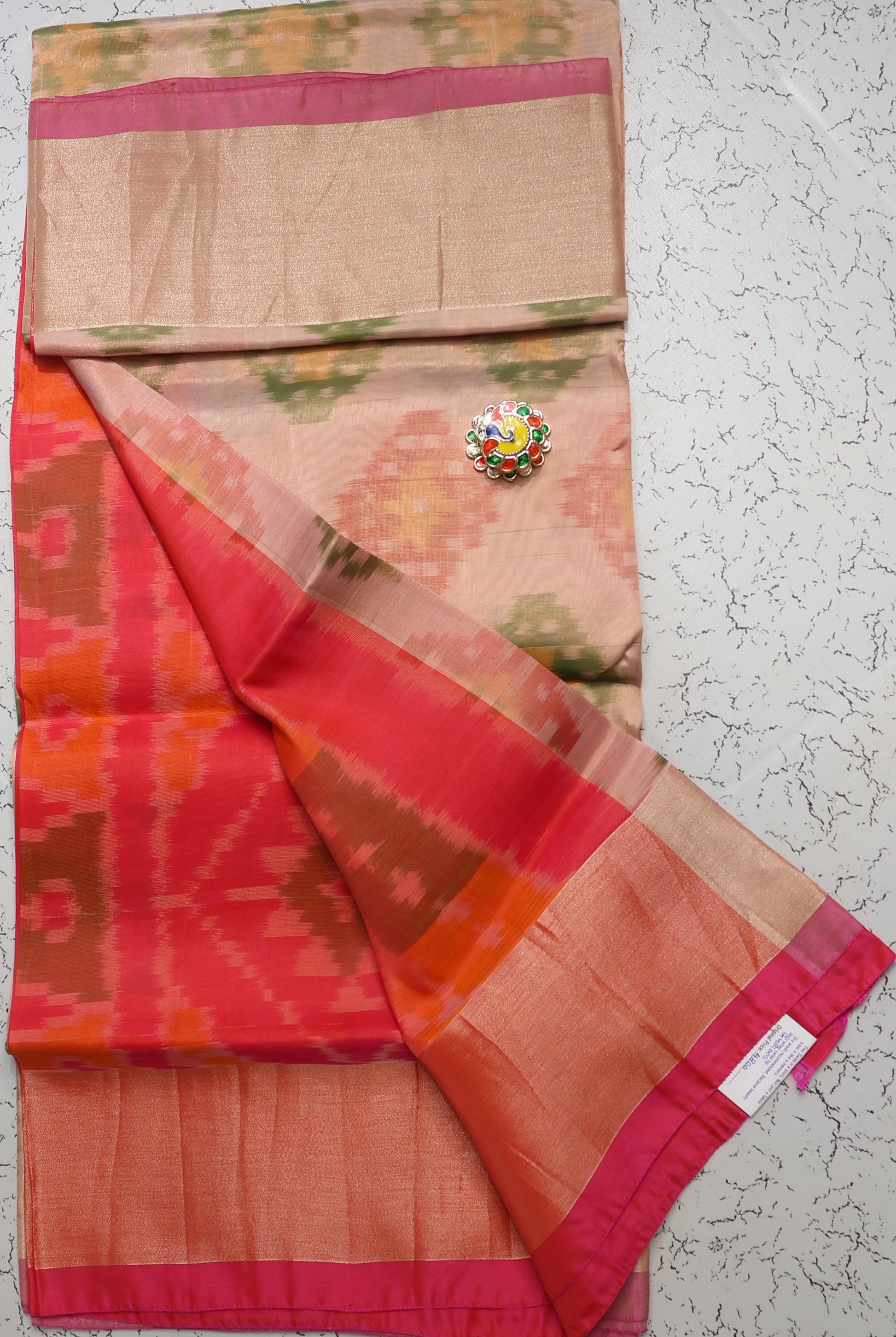 Premium Pastel cream and Rani pink Pochampalli Semi Silk Saree