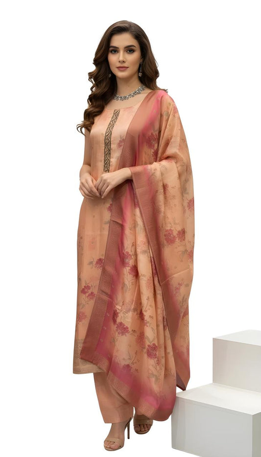 Premium Peach color Soft Chinnon muslin kurta set