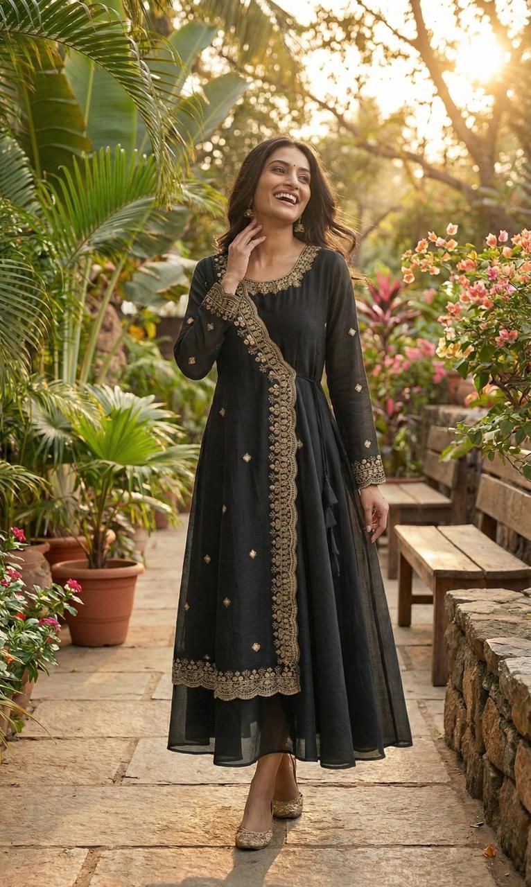 Premium Vichitra silk Angrakha-style long-length Black  Gown