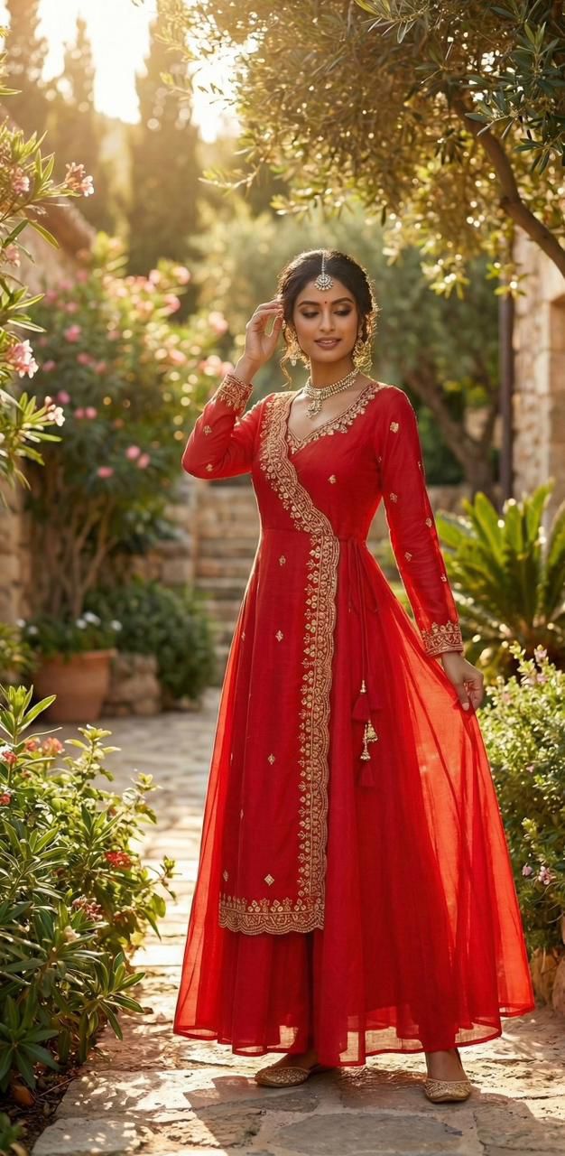 Premium Vichitra silk Angrakha-style long-length Orange Gown