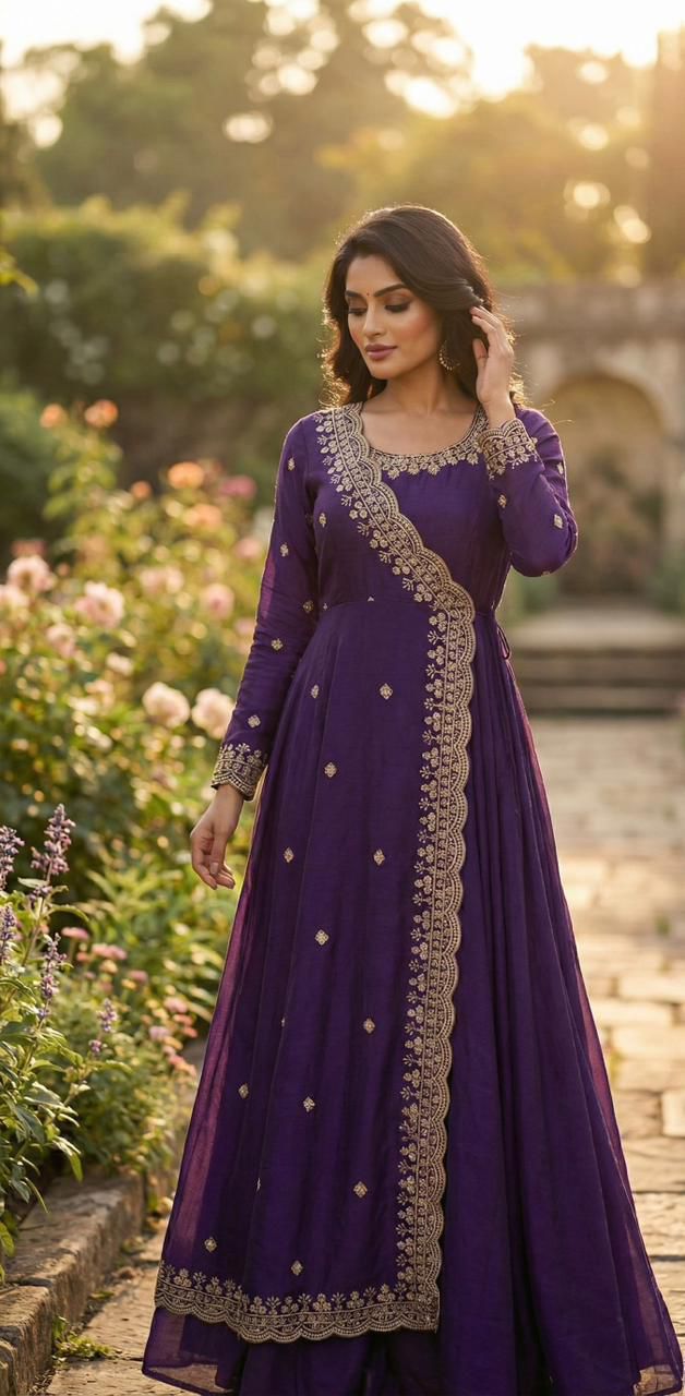 Premium Vichitra silk Angrakha-style long-length Purple  Gown