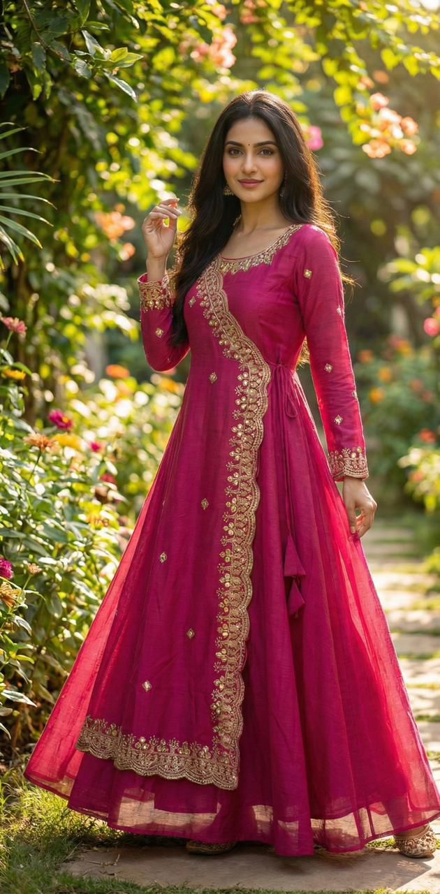 Premium Vichitra silk Angrakha-style long-length Rani pink Gown