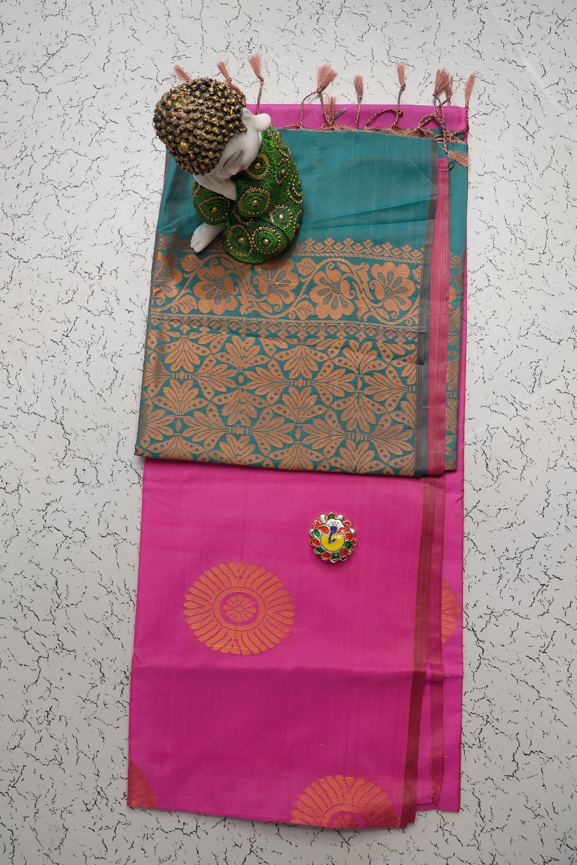 Premium and budget friendly pink and Rama green soft silk saree