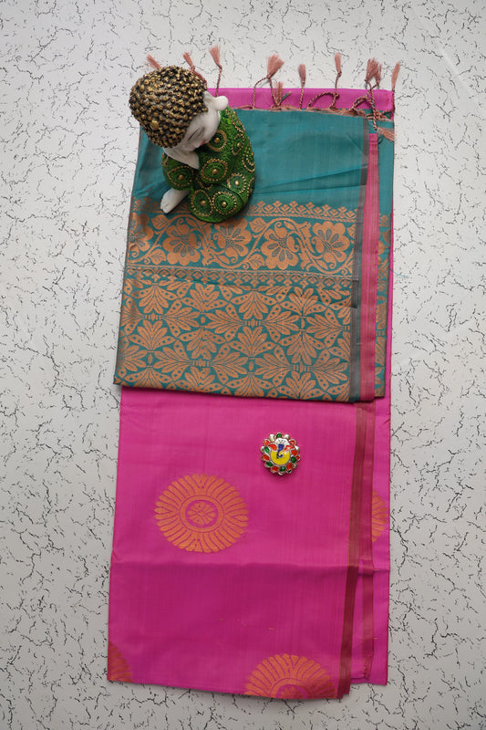 Premium and budget friendly pink and Rama green soft silk saree