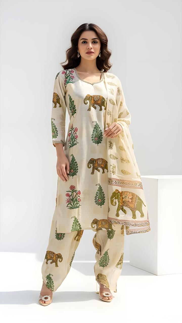 Premium and luxury cream color Elephant hand work kurta set
