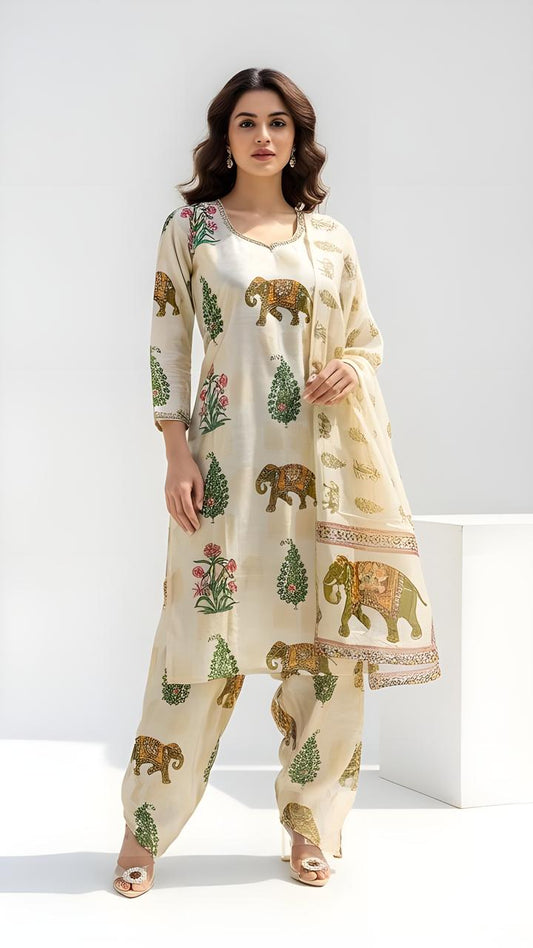 Premium and luxury cream color Elephant hand work kurta set