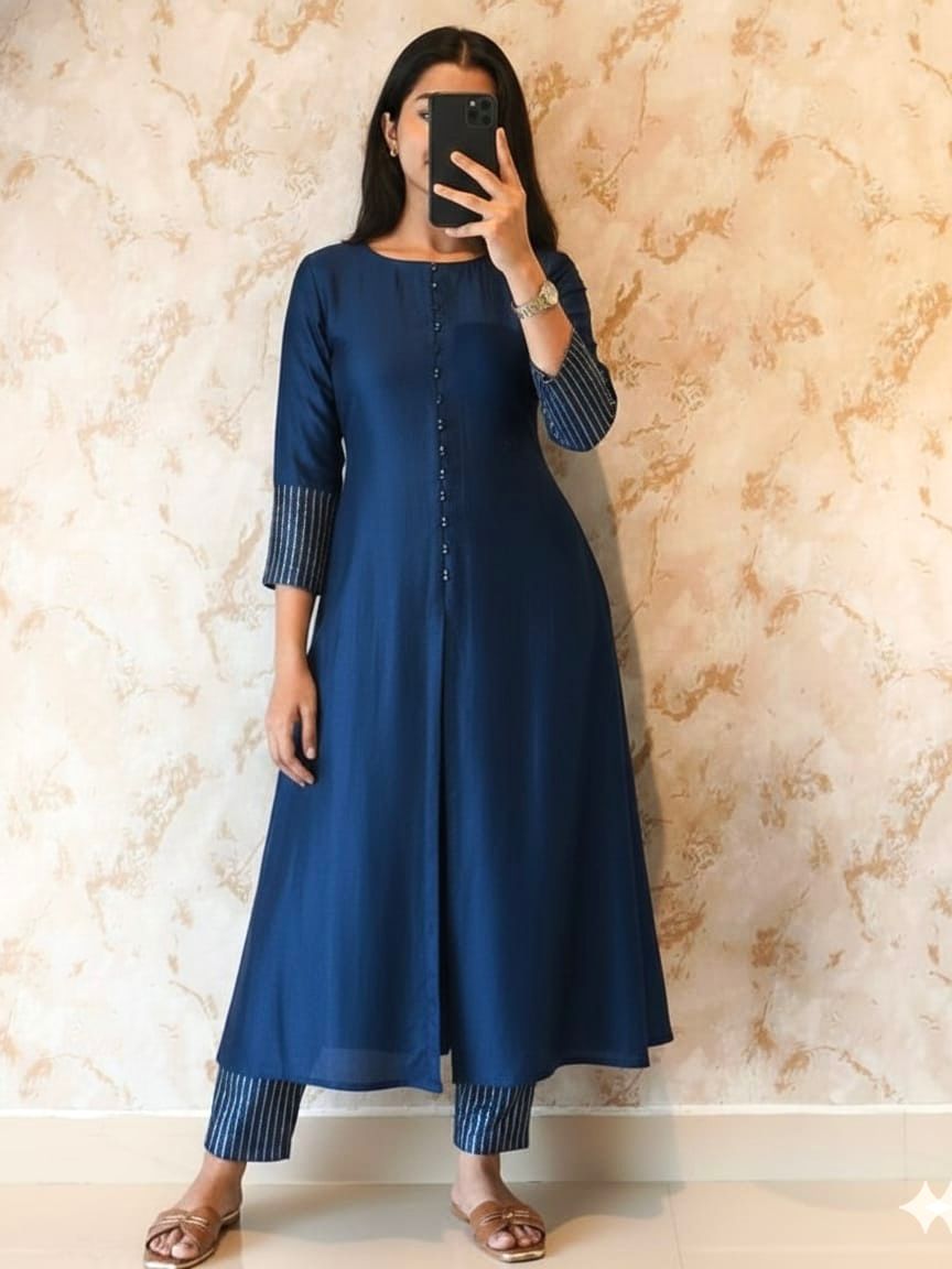 Premium blooming Vichitra silk A-Line Blue  color set