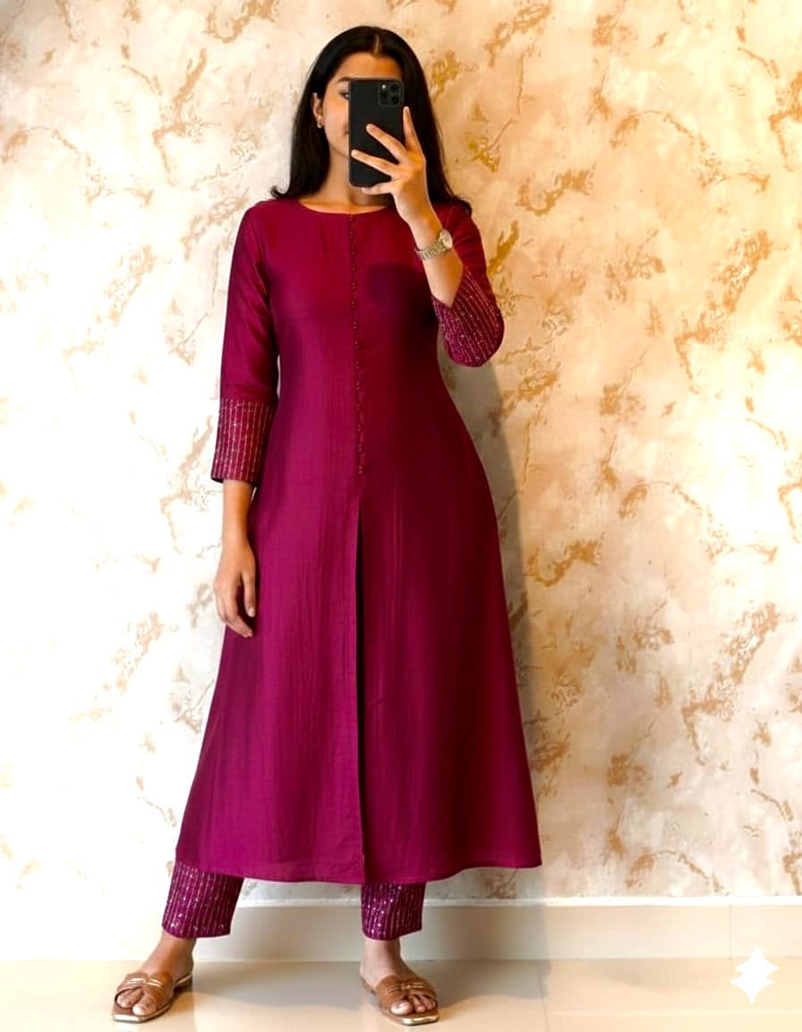 Premium blooming Vichitra silk A-Line Wine color set