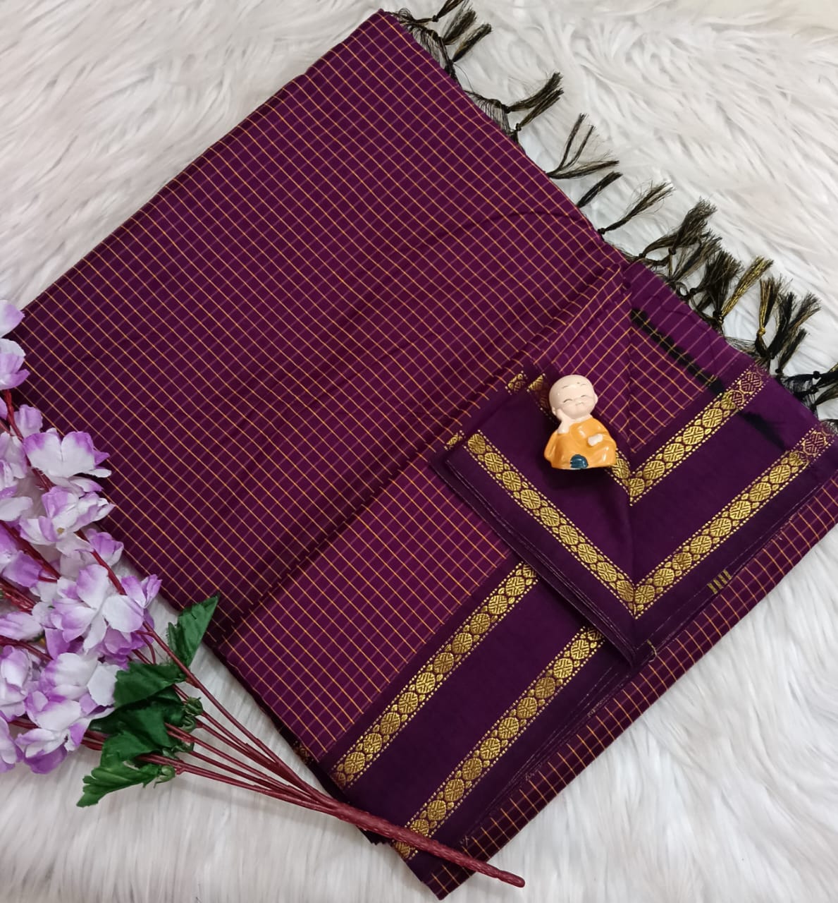 Premium checked kalyani cotton Retta petta border Maroon saree 