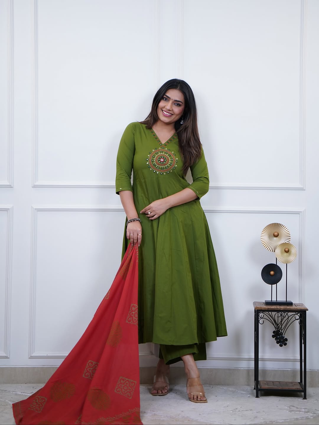 Premium cotton Anarkali Rust & Green kurta set