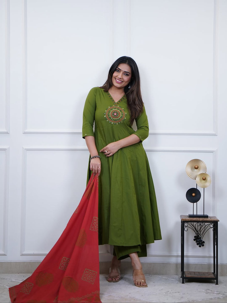 Premium cotton Anarkali Rust & Green kurta set