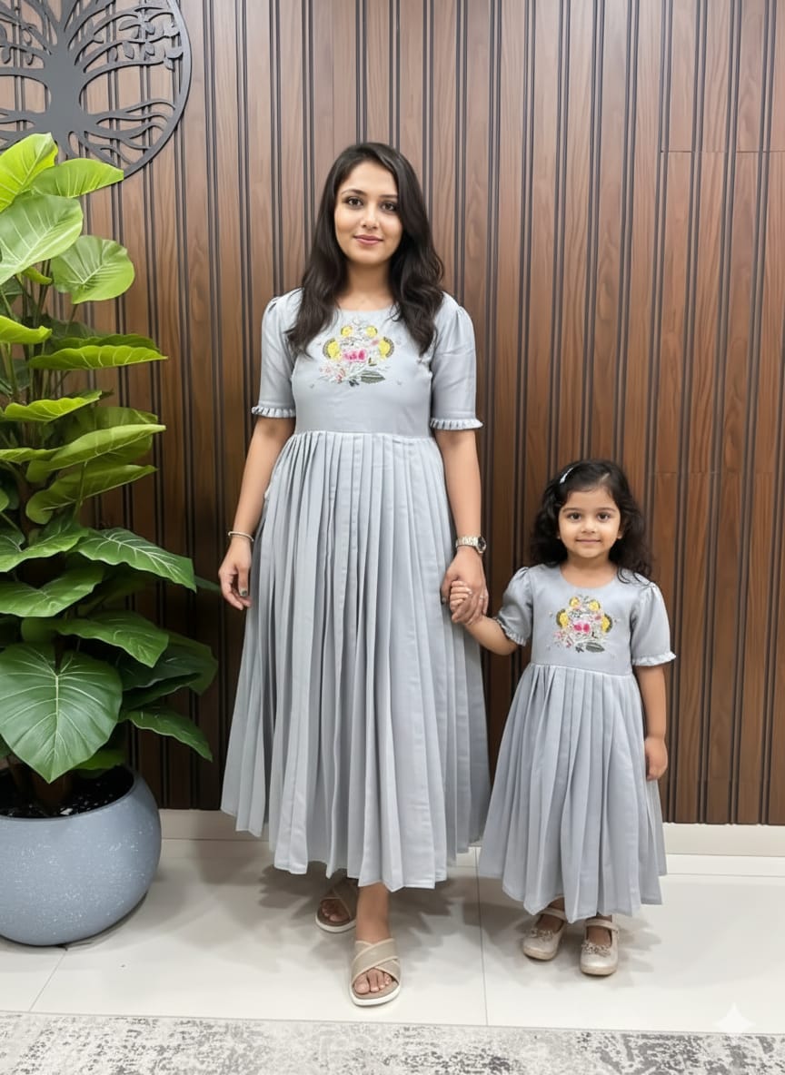Pure Roman Silk Gray Mother and Daughter Combo