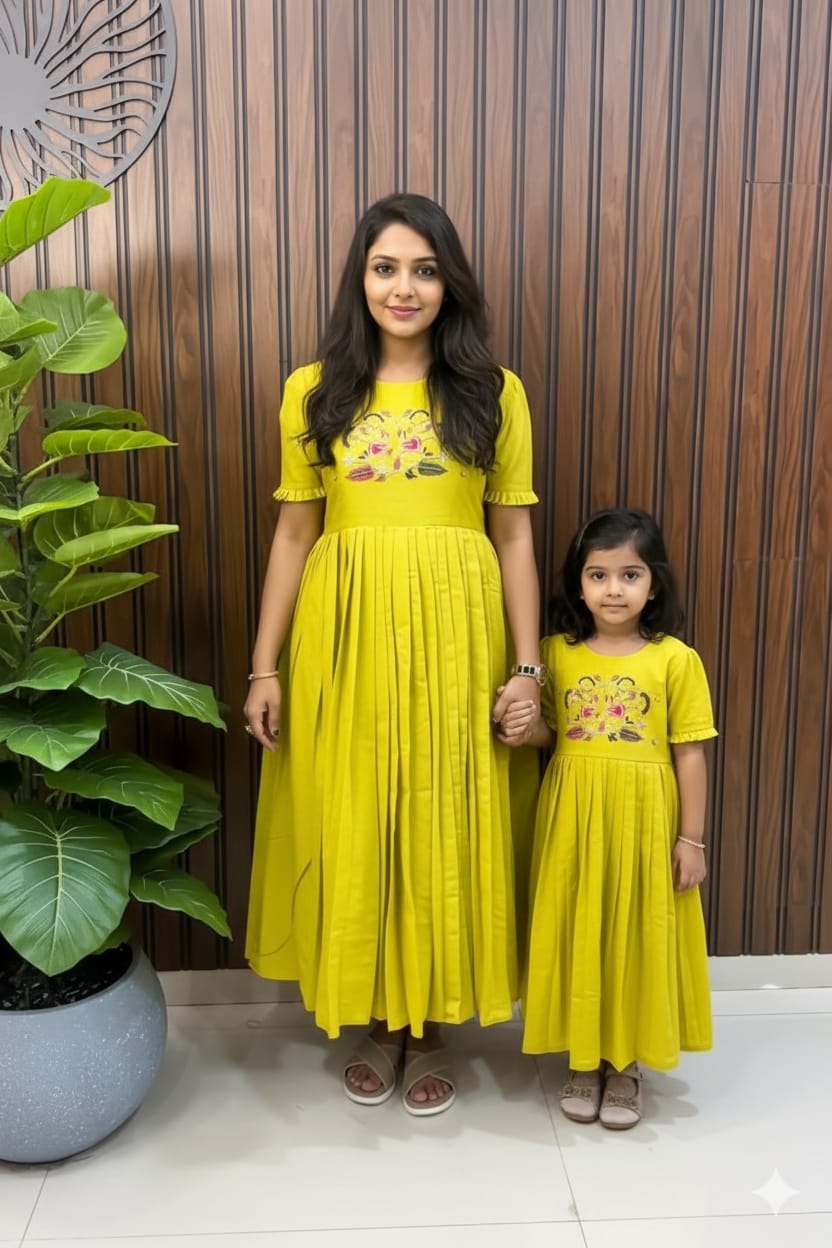 Pure Roman Silk Greenish yellow Mother and Daughter Combo
