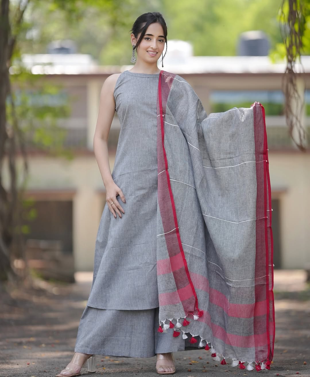 Pure Slub cotton A line Gray Kurta set