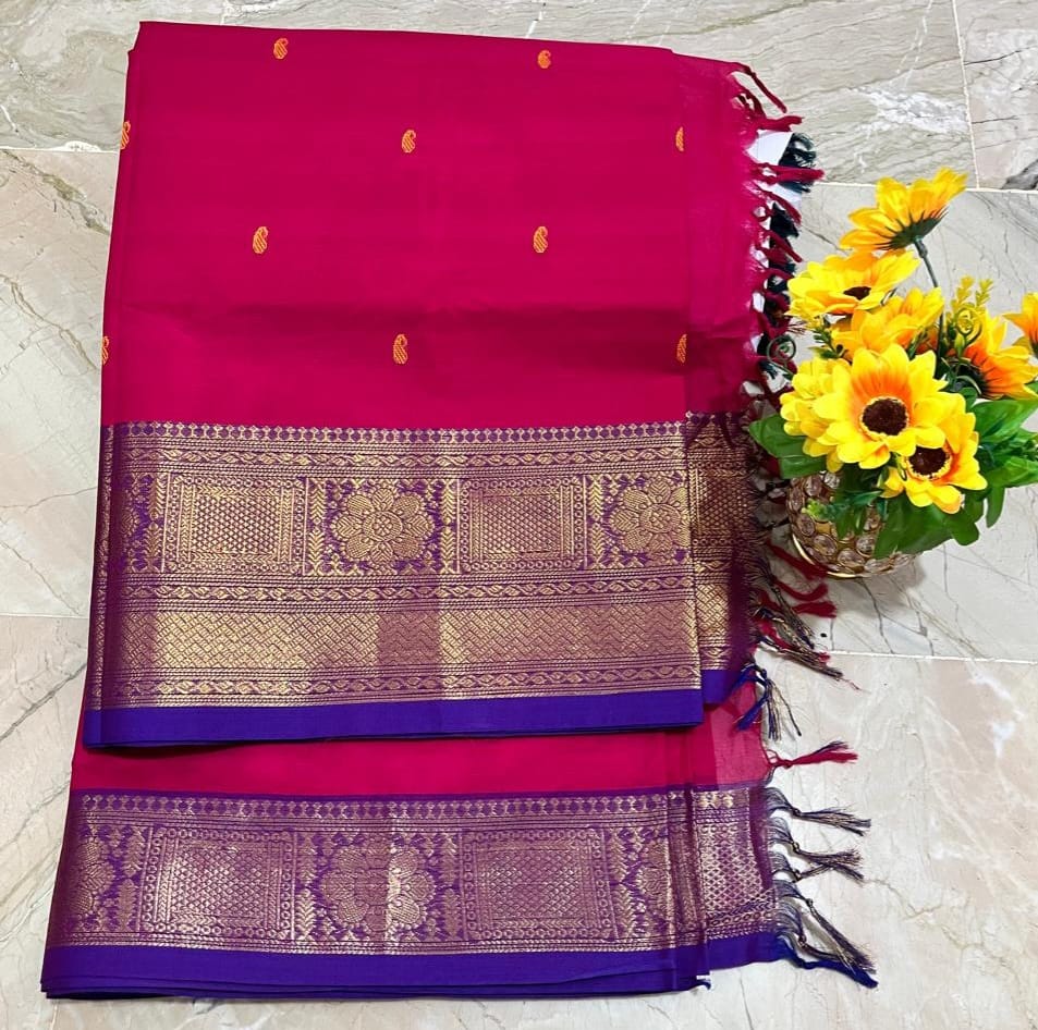 Rani pink Pure Kanchi cotton saree with blouse