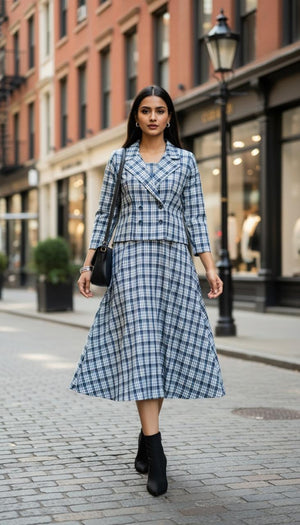 Regal Check Power Suit Set – Blue & White Women’s Business Suit