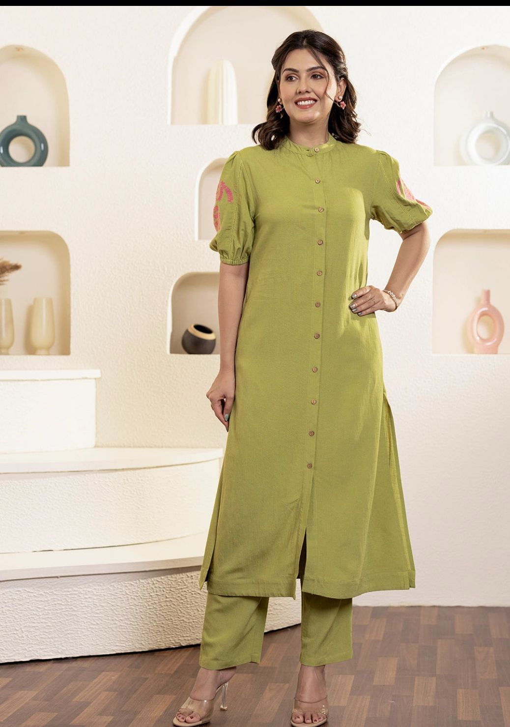 Regular Premium Cotton Slub Green Kurti with Pant