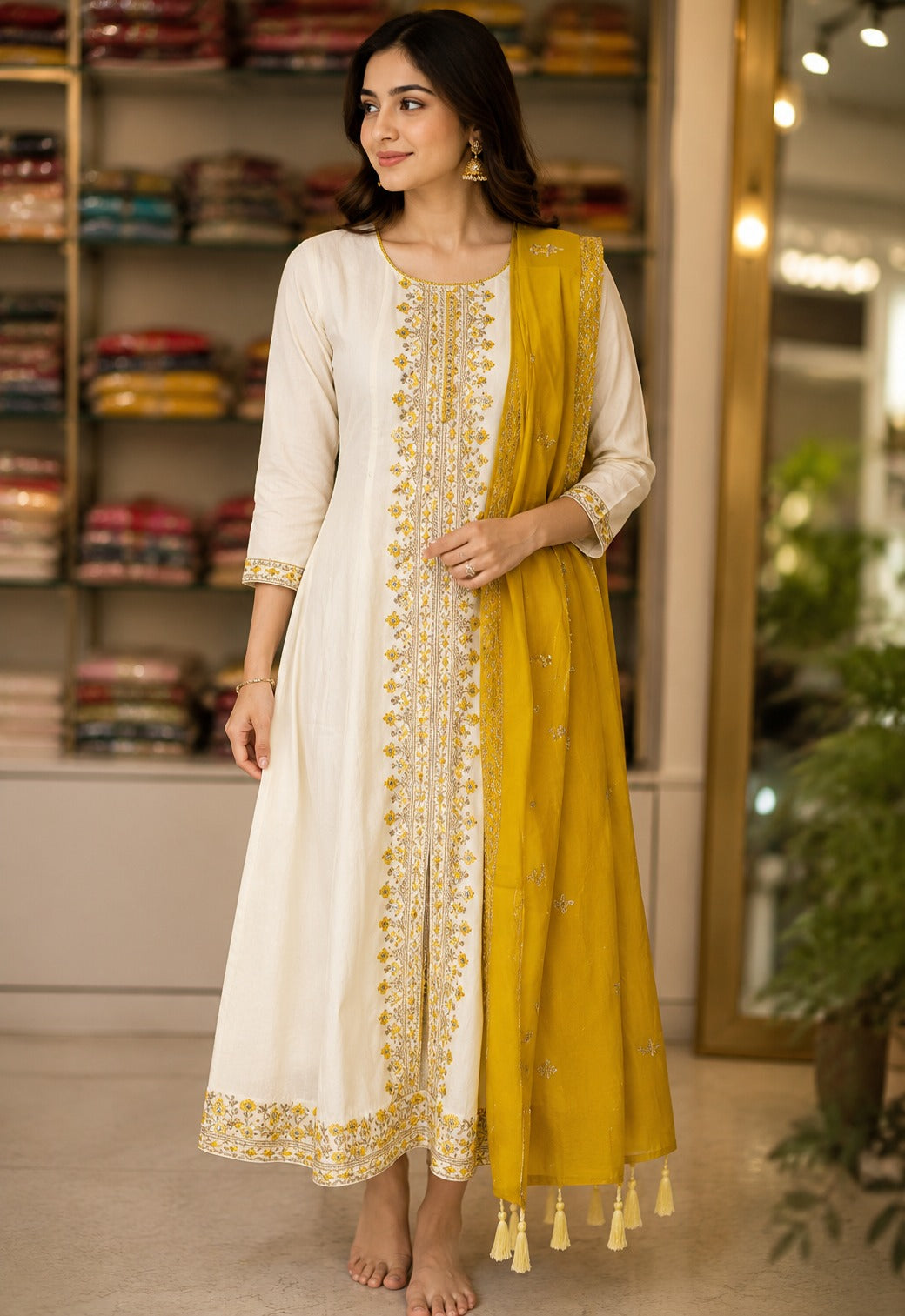 Roman Silk Embroidered half white Kurti  with green Dupatta